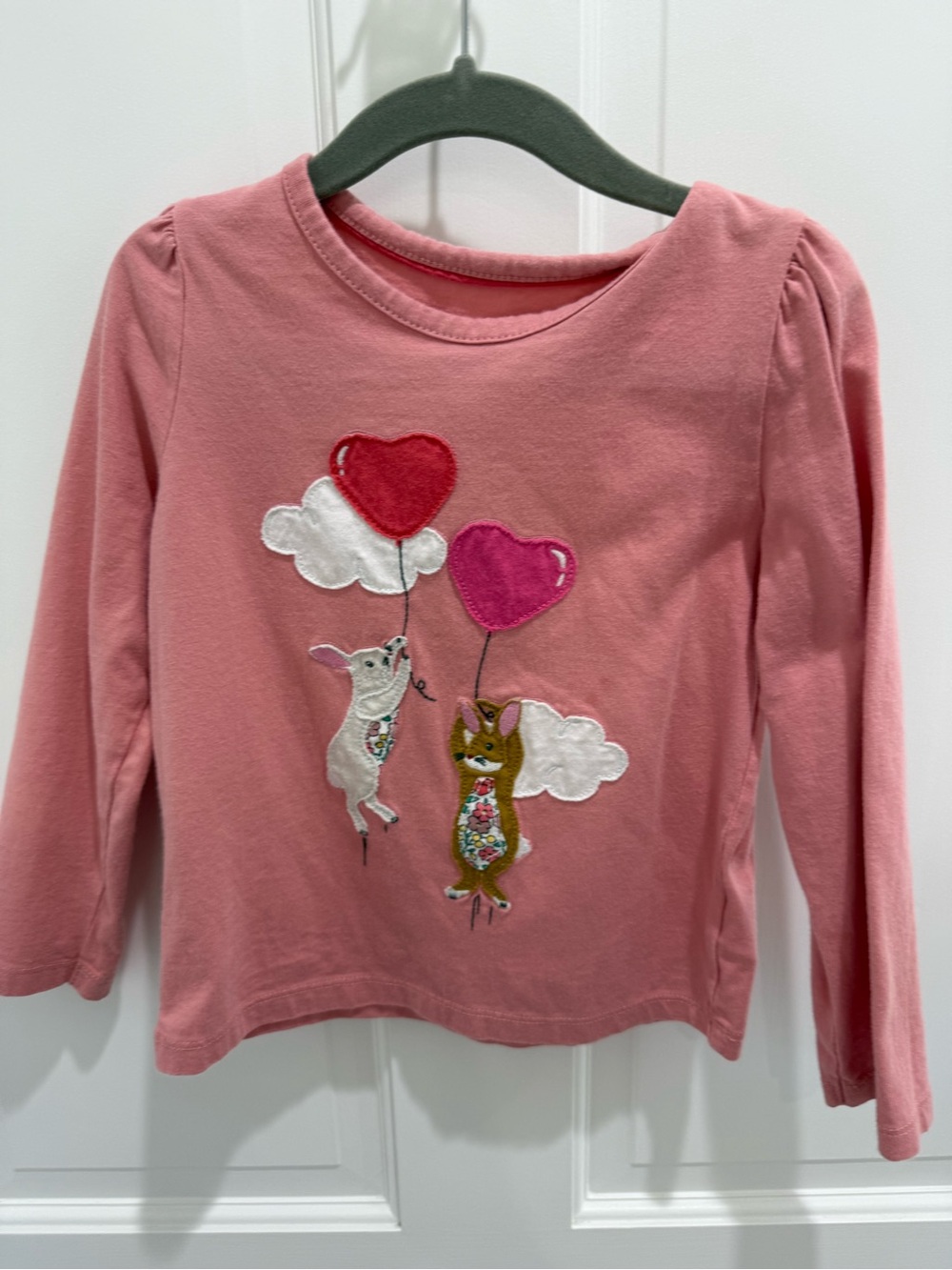 Boden Pink Long-Sleeve Top with Heart Balloon Animal Appliqués
